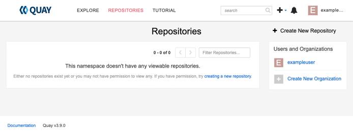 The Project Quay new user empty repositories screen