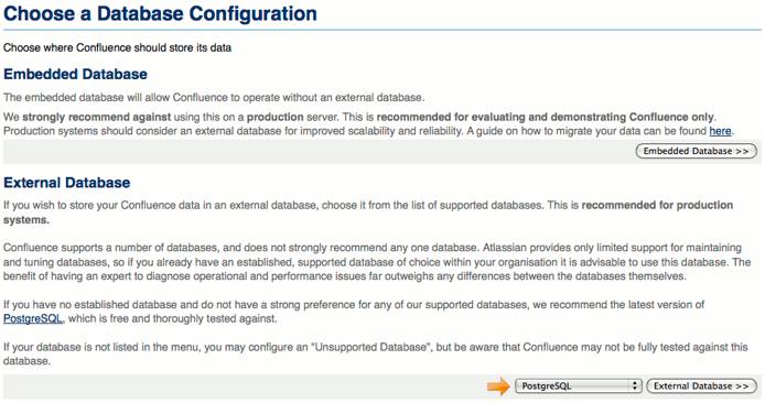 Confluence external database selection.