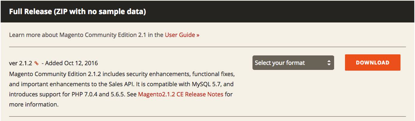 The Magento download screen