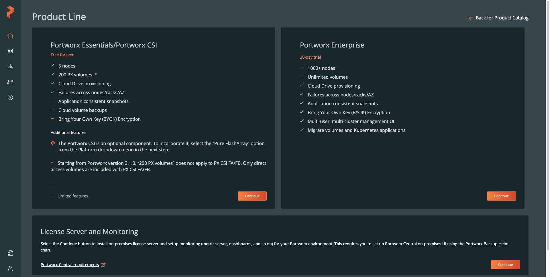 The Product Line selection page on Portworx Central.