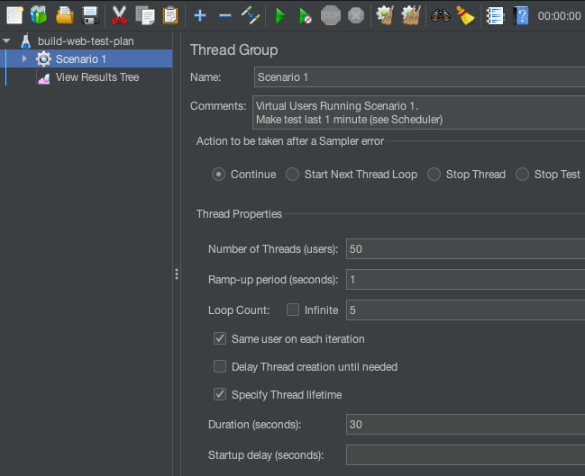 Adjusting a thread group in a JMeter test plan.