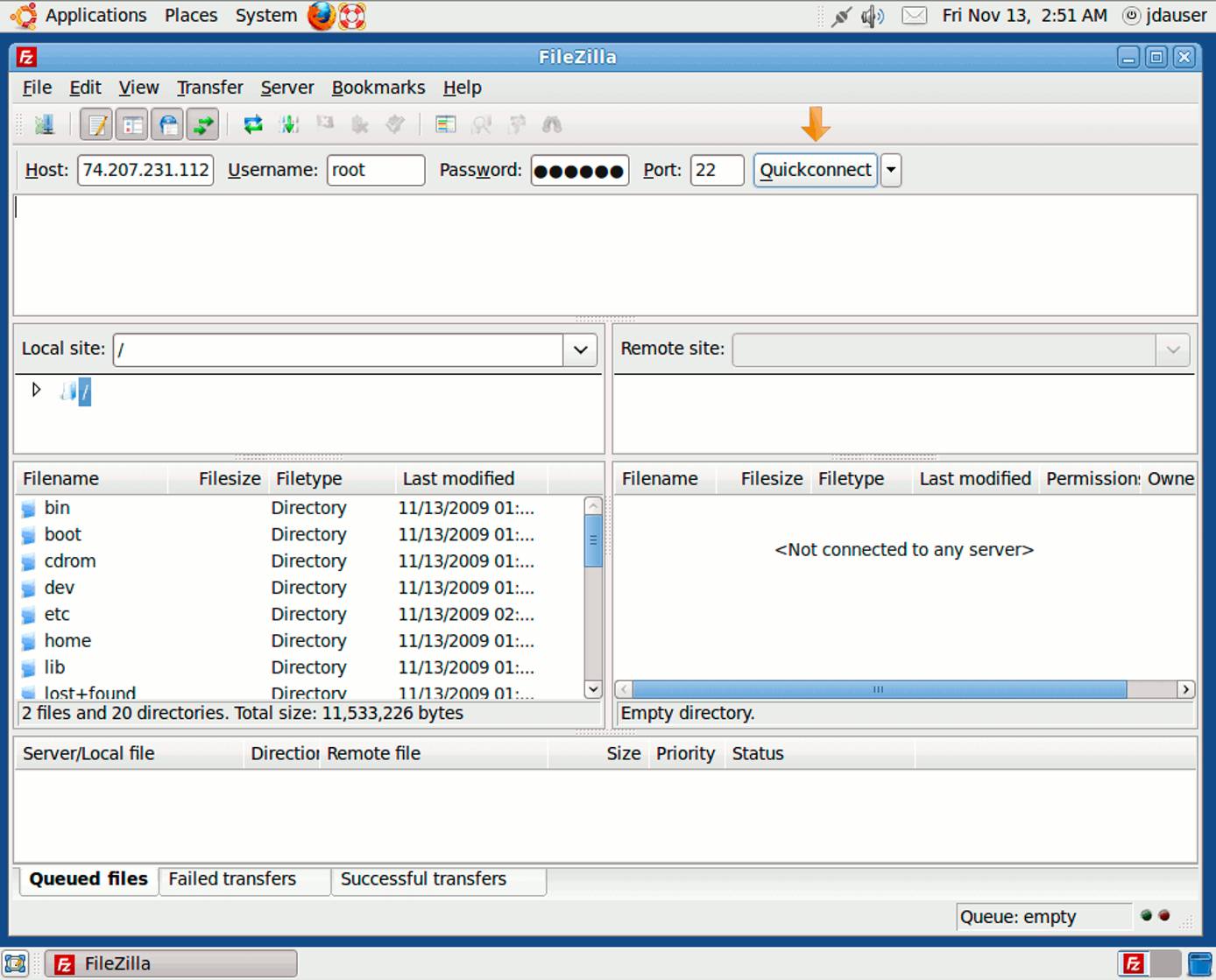 Quickconnect in Filezilla on Ubuntu 9.10 desktop edition.