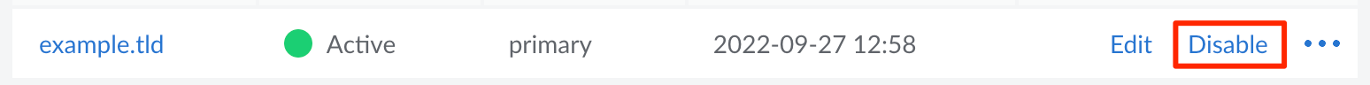 Screenshot of a domain entry with the Disable button highlighted